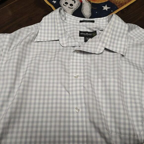 New Eddie Bauer Gray Checked Short Sleeve Button Down Shirt Men's XL Tall - Picture 2 of 2